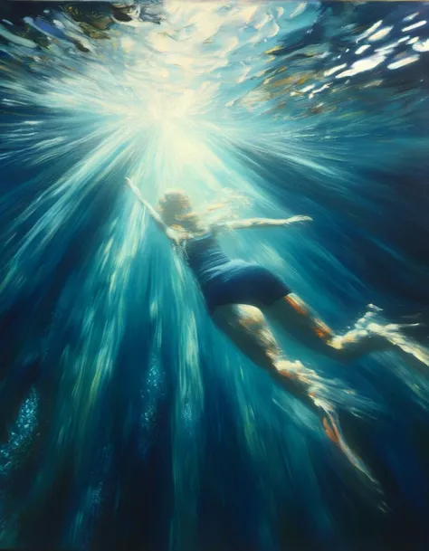 Abstract painting. Long shot, shot of a woman underwater swimming toward the ocean surface. light beam