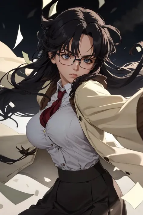 (masterpiece, best quality, ultra detailed), delicate pattern, detailed background, detailed face, super fine concept art,
1girl, solo, turn ones face away, looking away, 
from front,
yomikoreadman, (brown_vest, waistcoat), white_shirt,  red_necktie, dark ...