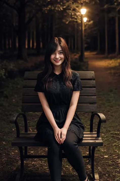 arafed woman sitting on a bench in a park at night