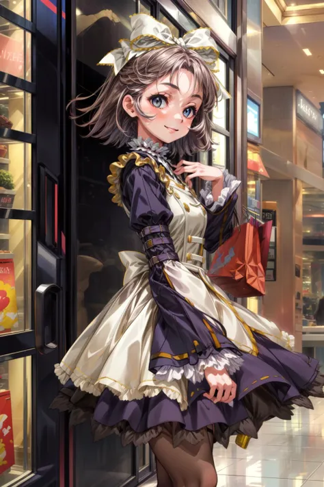 masterpiece,best quality,1girl,aalatooni,short hair,hair bow,frills,frilled dress,long sleeves,pantyhose,smile,looking to the side,shopping,mall interior,<lora:CHAR-Super Robot Wars OG-Latooni Suvota_v1-h_madoka:0.7>,<lora:Concept-control tool-add_detail-C...