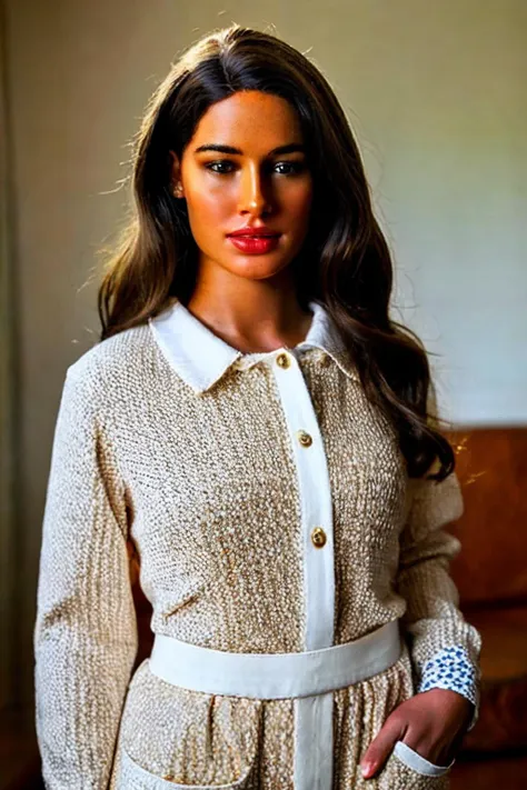 arafed woman in a white shirt and a belted dress