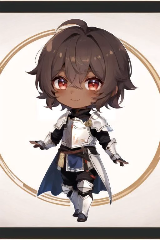 1boy, brown hair, shaggy hair, hair between eyes, tsurime, narrowed eyes, short hair, dark red eyes, light smile, (knight armor:1.3), medieval, solo, dark skin,  <lora:Dskin_v1.0:0.9>,  chibi,  <lora:q-v1:1>