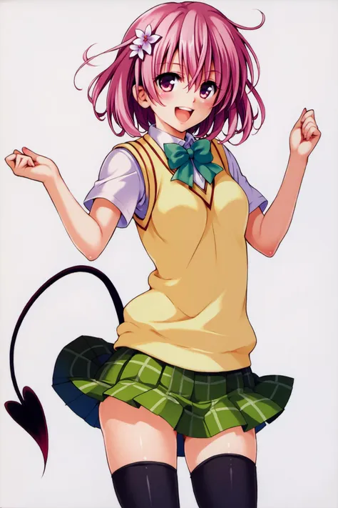 anime girl with pink hair and green skirt and a cat tail