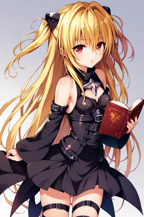 a woman in a black dress holding a book and a cat ears