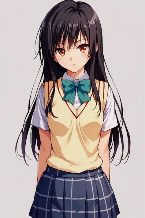 anime girl with long black hair wearing a yellow shirt and blue skirt