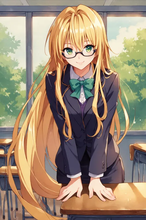 anime girl with long blonde hair sitting at a desk in a classroom