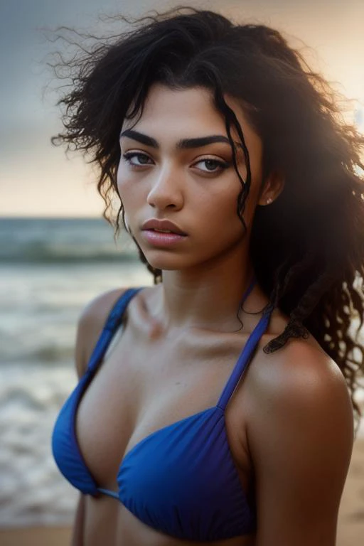 (sharp focus:1.2), photo,  ravenlyn-3400  (beautiful face:1.1), detailed eyes, luscious lips, (cat eye makeup:0.85),  wearing (bikini:1.2) on a (beach:1.2).  (moody lighting:1.2), depth of field, bokeh, 4K, HDR. by (James C. Christensen:1.2|Jeremy Lipking:...