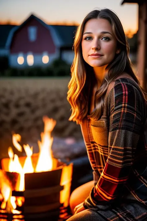 half portrait of MarileeSD15 wearing flannel pajamas ((sitting next to a campfire on a farm)), farmhouse in the background, natural skin texture, 24mm, 4k textures, adobe lightroom, photolab, elegant, highly detailed, sharp focus, natural warm even lightin...