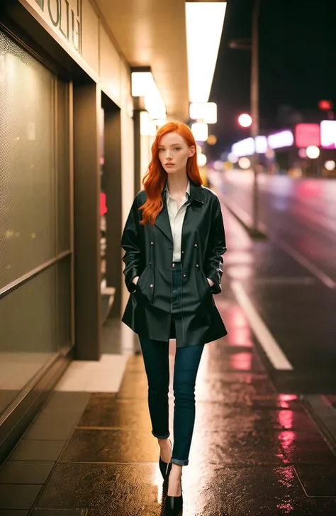 photograph of SiofraCipher, wearing jeans and high heels and raincoat, walking in the night, raining, noir, soft focus, film grain, analog, Kodak Portra 800, f1.8, 50mm