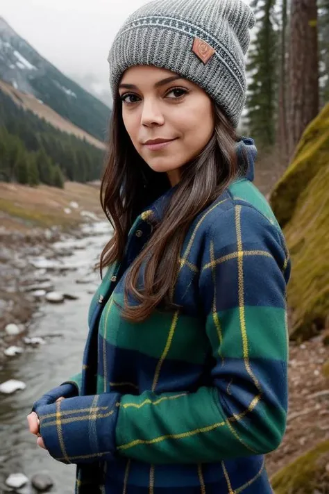 KatieNolan is hiking through the forest wearing warm flannel,  beautiful face, detailed eyes, ski cap,  realistic, detailed, scenic view with trees and small frozen stream, mist in the cold air