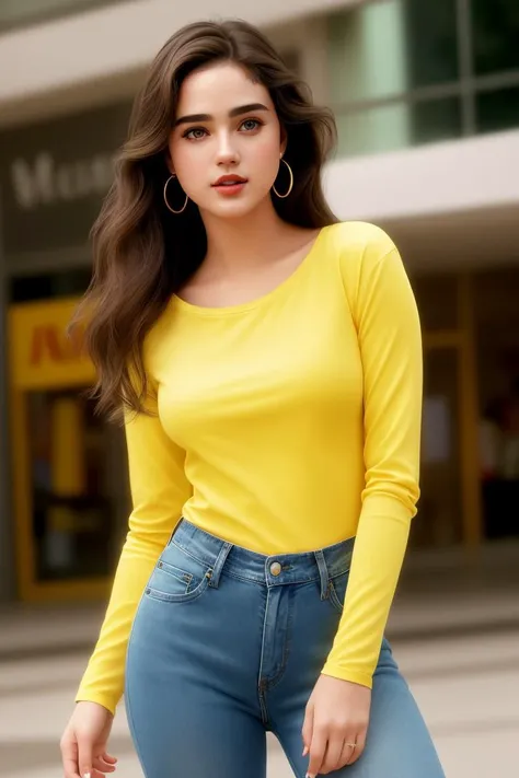 photo of seductive (jg_jc0n-130:0.99), a woman as a sexy customer, closeup portrait, (tight yellow long sleeve white t-shirt), (jeans), (in a department store:1.1), (masterpiece:1.5) (photorealistic:1.1) (bokeh) (best quality) (detailed skin texture pores ...