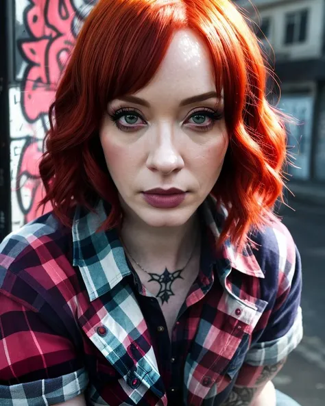 a close up of a woman with red hair and a plaid shirt