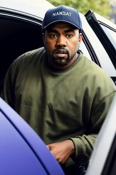 a close up of a man in a hat leaning out of a car