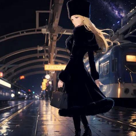 woman in black coat and hat walking on wet platform with train