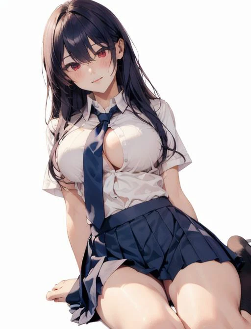 1girl, solo, long hair, breasts, looking at viewer, blush, bangs, skirt, large breasts, simple background, shirt, red eyes, white background, hair between eyes, underwear, school uniform, panties, white shirt, short sleeves, pleated skirt, necktie, collare...