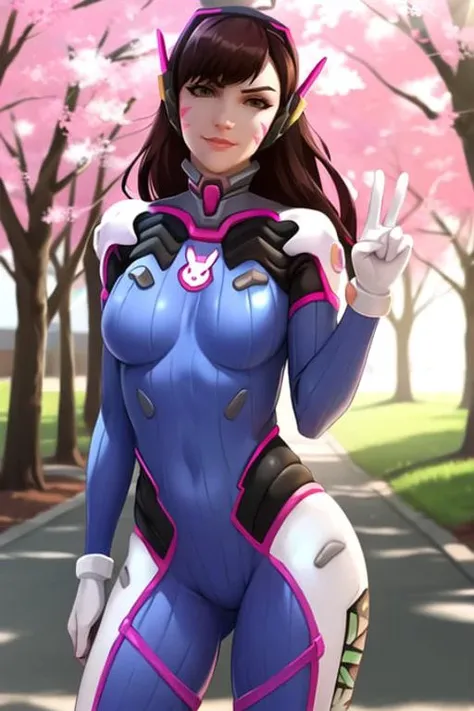 cowboy shot, d.va, peace sign, long hair, ribbed bodysuit, clothes writing, arrogant smirk, cherry blossoms in background, sunli...