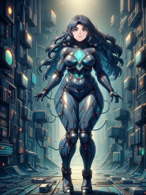 a woman in a futuristic suit standing in a city