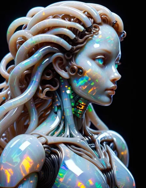 masterpiece,best quality,bio-robot,glassy texture,mechanical core,conduit,tubes all over her,medusas, made out of ral-opal <lora:ral-opal-sdxl:1>