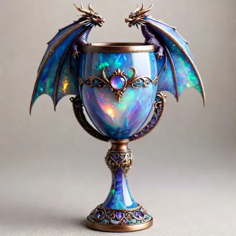 fantasy style fantasy style,blue and purple dragon (chalice|goblet),dragon ornaments,bronze ornament,photograhpic,realistic,cozy livingroom,bookshelf,bokeh,highly detailed,absurdres details,ral-opal,<lora:ral-opal-sdxl:0.8>,