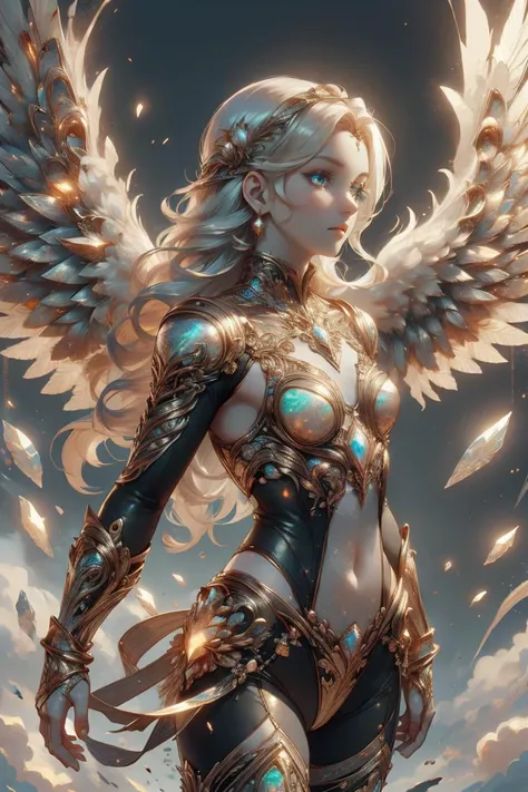 a woman with wings and armor standing in the sky