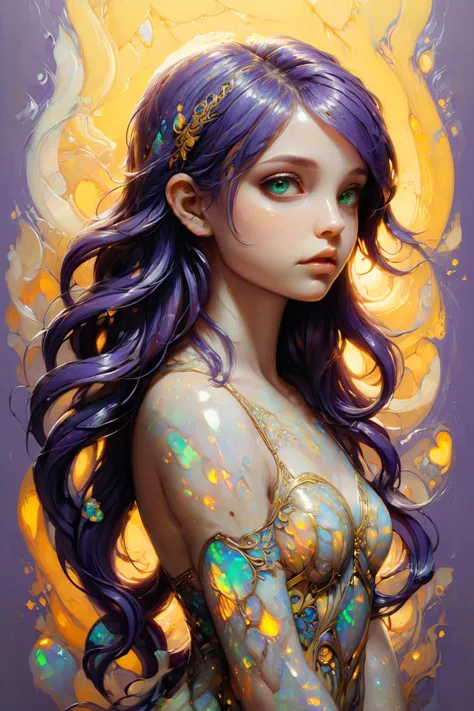 girl, by Aaron Horkey, by Andreas Rocha, by Tom Whalen, purple hair, yellow background, digital painting <lora:xl_more_art-full_v1:1> <lora:add-detail-xl:1> misc <lora:ral-opal:1> ral-opal, (masterpiece:1.2), best quality,  colorful, (intricate details, hy...