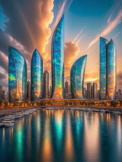 ral-opal,Fantasy cityscape with opal buildings shimmering in pearlescent colors under an iridescent sky <lora:ral-opal-sdxl:0.8>,<add-detail-xl:1>, best quality, masterpiece, uhd, 8k, Canon EOS R3