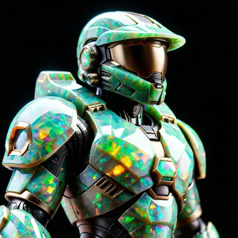 Master Chief from Halo,green camouflage opal,photograhpic,realistic,bokeh,highly detailed,absurdres details,ral-opal,black backround,particle effect,<lora:ral-opal-sdxl:0.8>,<lora:add-detail-xl:1>,