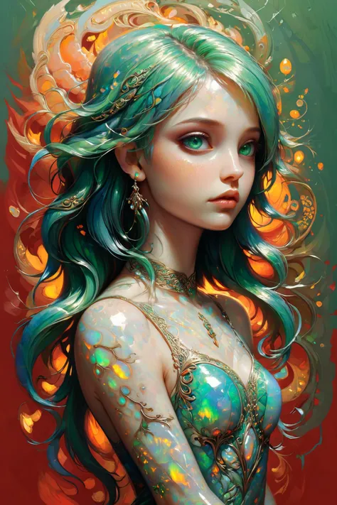 girl, by Aaron Horkey, by Andreas Rocha, by Tom Whalen, green hair, red background, digital painting <lora:xl_more_art-full_v1:1> <lora:add-detail-xl:1> misc <lora:ral-opal:1> ral-opal, (masterpiece:1.2), best quality,  colorful, (intricate details, hyperd...