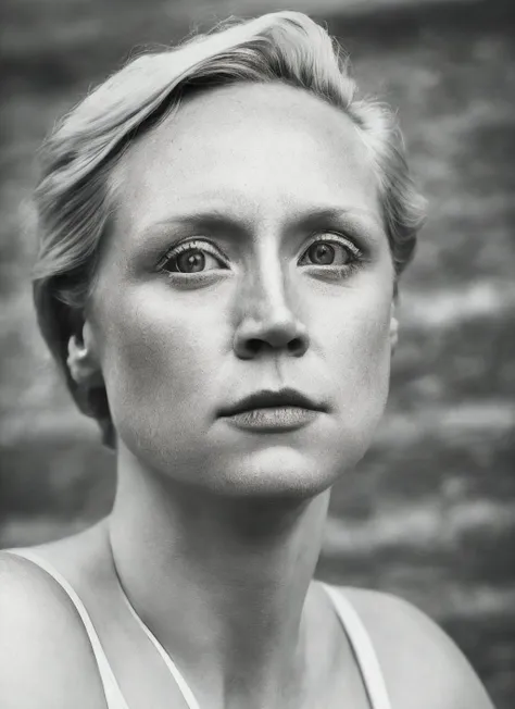 a black and white photo of a woman with a serious look