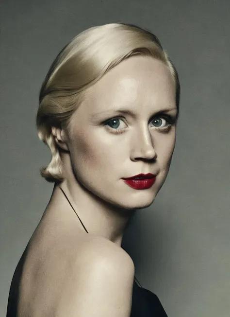 a close up of a woman with a red lipstick and a black dress