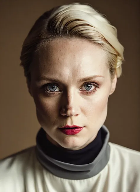 a close up of a woman with a red lipstick and a white shirt