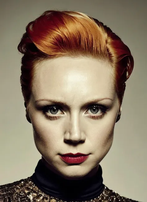 a close up of a woman with red hair and a black turtle neck