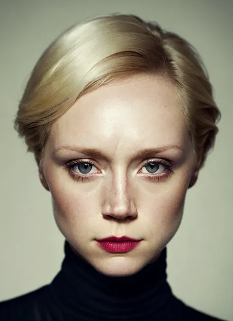 a close up of a woman with a black turtle neck and a red lip