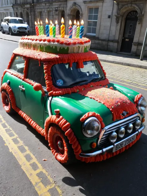 arafed car with a birthday cake on top of it