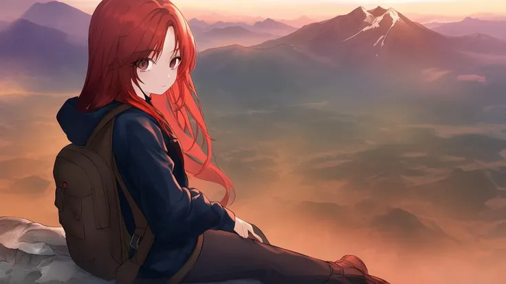 alone, redhead girl, long hair, ((dark eyes)), brown backpack, blue down jacket, floating hairs, 1girl, brown pant,
mountain summit, sunset, sitting, calm, stunning, masterpiece