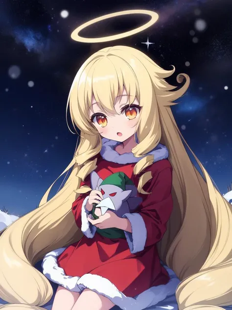 <lora:angelia_avallone:0.8>,  angelia, 1girl, soro, long hair, halo, very long hair, blonde hair,  orange eyes,  bangs, drill hair, sky,
Christmas, SantaClaus, hat, night, starry sky, sitting,
masterpiece, high quality, very_high_resolution, large_filesize...