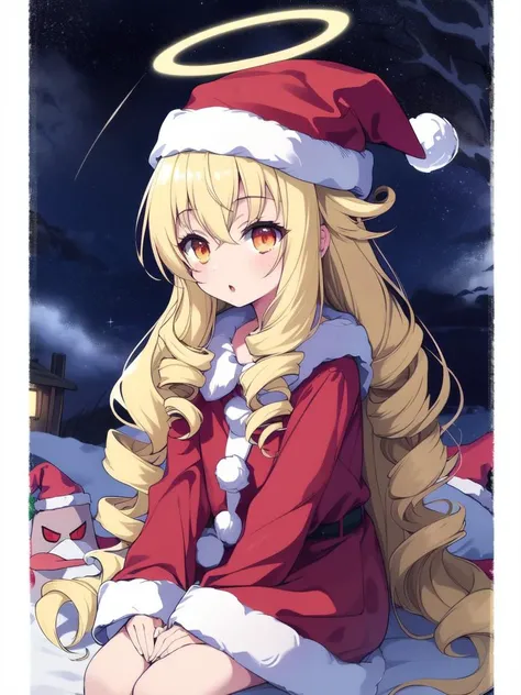 <lora:angelia_avallone:0.8>,  angelia, 1girl, soro, long hair, halo, very long hair, blonde hair,  orange eyes,  bangs, drill hair, sky,
Christmas, SantaClaus, hat, night, starry sky, sitting,
masterpiece, high quality, very_high_resolution, large_filesize...