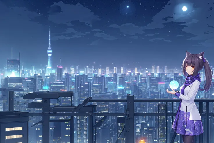 anime girl standing on a balcony looking at a city at night