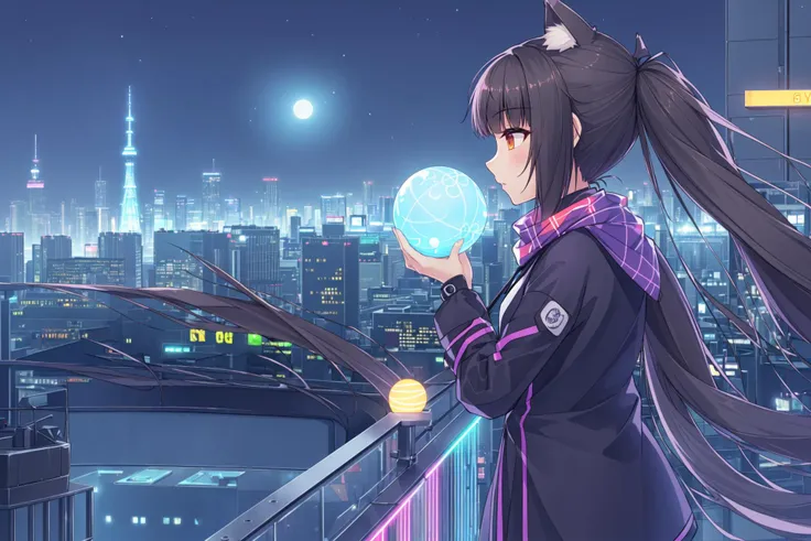 anime girl holding a crystal ball in front of a city skyline