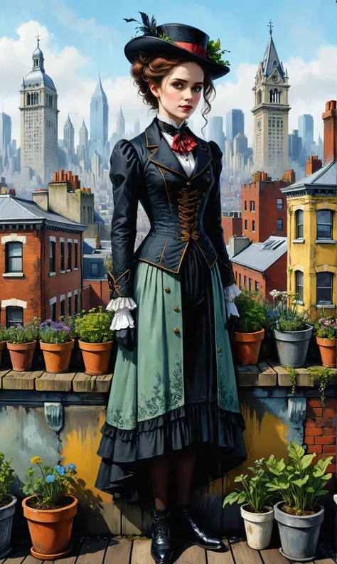 a custom/characters/victorian at a Rooftop garden overlooking the city, ultra-fine digital painting, <lora:xl_more_art-full_v1:0.3>, <lora:Dark_Novel:0.7>, <lora:Graffiti_SDXL:0.5> ais-graffiti