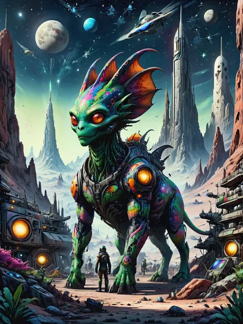 Bioengineered chimeras roaming alien landscapes in Lunar base surrounded by starlight, ultra-fine digital painting, <lora:xl_more_art-full_v1:0.3>,   <lora:EldritchComicsXL:0.7>, <lora:Graffiti_SDXL:1> ais-graffiti