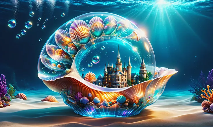 photorealistic, detailed digital illustration of a Enchanted seashell that grants wishes at a Floating city with transparent undersea bubbles <lora:xl_more_art-full_v1:0.4>, <lora:Graffiti_SDXL:0.5> ais-graffiti, Flickering light, <lora:DonMSp3ctr4lXL:0.7>...