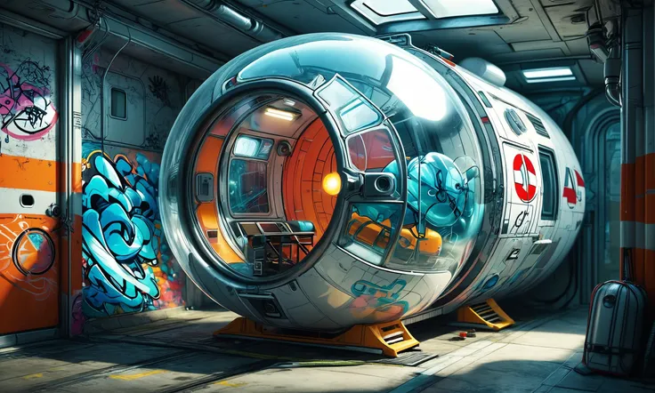 Beautiful detailed digital illustration of a Bubble-like escape pod, emergency evacuation <lora:MJ52:0.7>, <lora:Graffiti_SDXL:0.5> ais-graffiti , Volumetric lighting