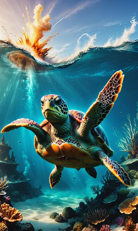 photorealistic, detailed digital illustration of a Graceful sea turtle cruising effortlessly at a Underwater geysers erupting from seabed <lora:xl_more_art-full_v1:0.4>, <lora:Graffiti_SDXL:0.5> ais-graffiti, Golden hour, <lora:- SDXL - letitflrsh_let_it_f...