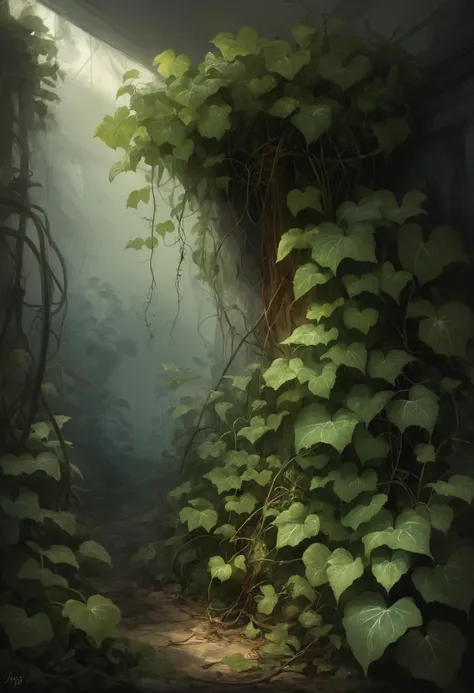 a painting of a tunnel with vines growing up the side