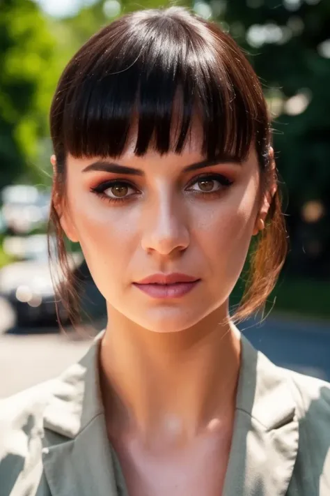 a close up of a woman with a green shirt and a brown hair