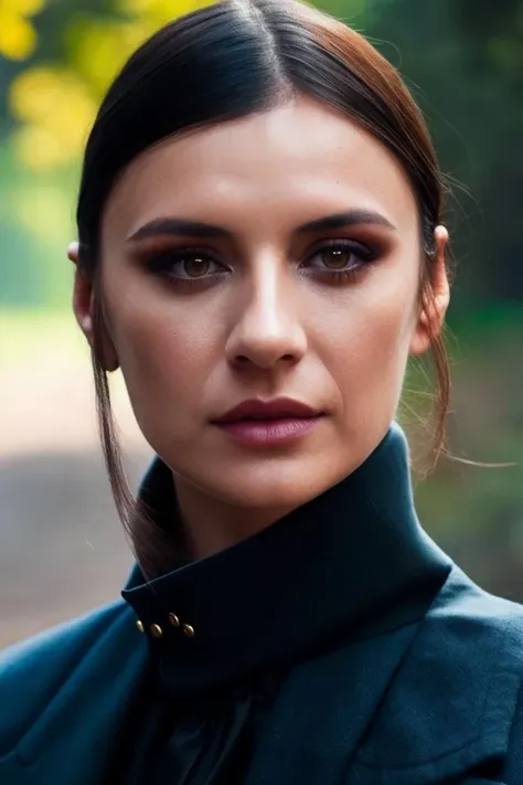 a close up of a woman with a black jacket and a green jacket