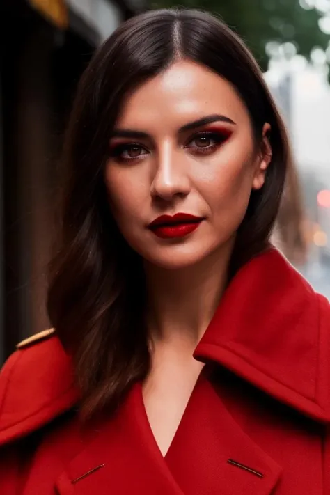 a woman with a red coat and red lipstick on a city street