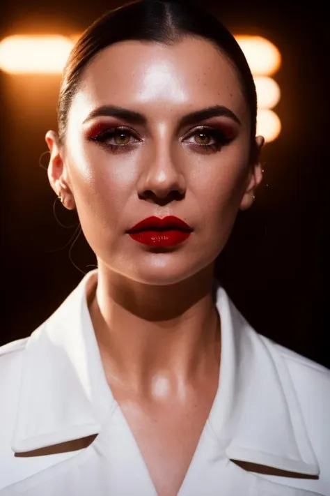 a woman with red lipstick and a white jacket