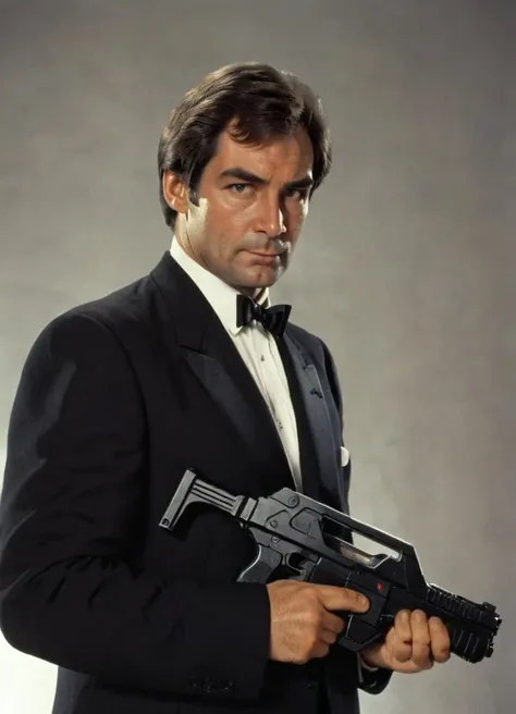 Timothy Dalton as james bond wearing a dark suit and holding a m41apls rifle with a dead serious expression
<lora:Armat_M41A_Pulse_Rifle_-_Aliens_SDXL:0.7> <lora:TimothyDalton:0.7> Timothy Dalton